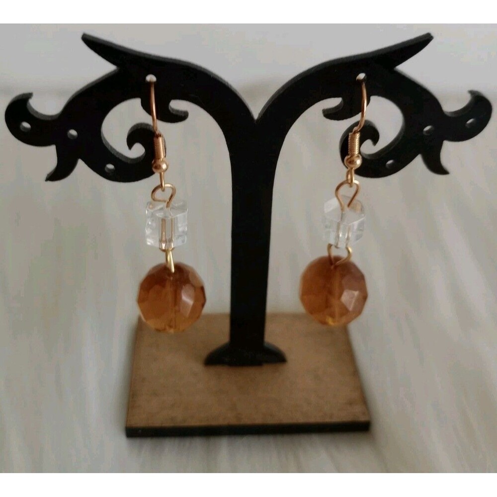 Women's Amber & Clear Beaded Dangle Earrings  2" Drop Boho Fashion Jewelry NIP